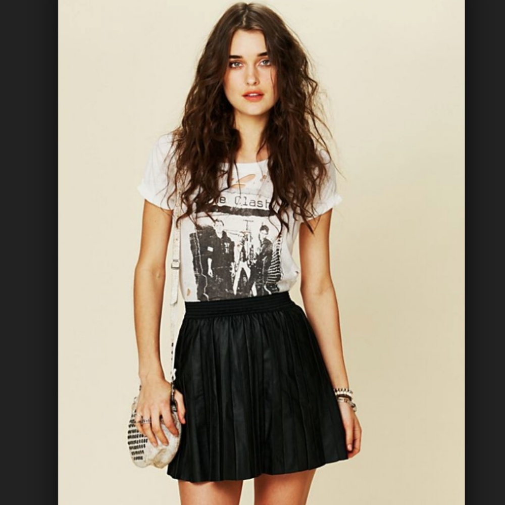 Free People Mini Black Vegan Leather Pleated Skirt
